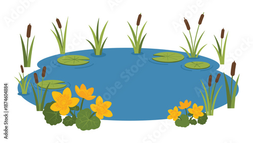 Tranquil natural pond scene featuring vibrant yellow water lilies, lush green lily pads, and tall reeds, creating a beautiful and harmonious aquatic landscape.