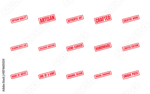 Red rubber stamps signifying artisan quality, handcrafted items, and unique creations for artists.