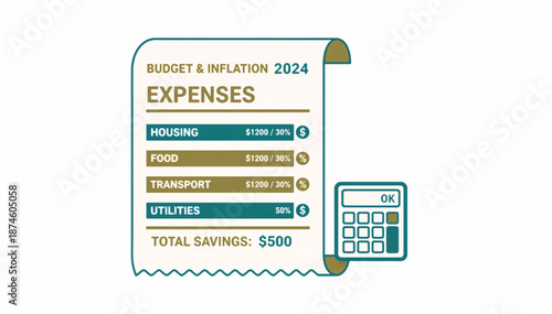 Budget and inflation 2024 expenses receipt illustration. Hand drawn personal finance plan with calculator. Cost of living and economy concept vector
