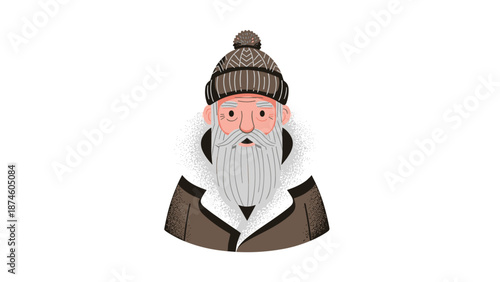 Detailed illustration of a wise and kind elderly man with a long white beard, wearing a warm winter hat and a cozy jacket, portrayed in a thoughtful manner.