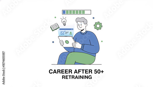 Career after 50 and retraining concept. Senior man studying with tablet. Flat design vector illustration