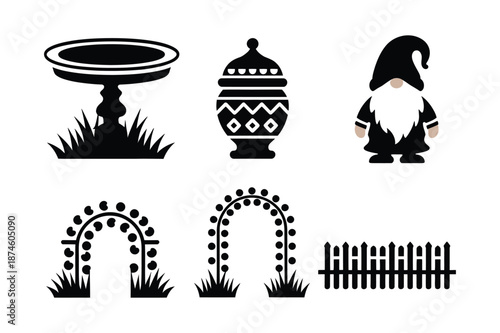 Backyard Garden Ornament and Landscape Design Silhouette Icons