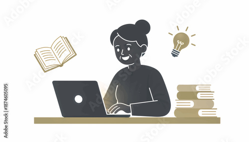 Senior woman using laptop for online learning. Elderly person studying with books and lightbulb idea concept. Flat textured vector illustration