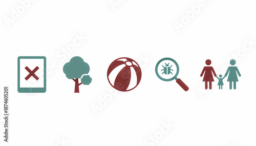 Flat design vector icon set. Collection of symbols including delete tablet, tree, beach ball, bug search, and family. Isolated graphic elements