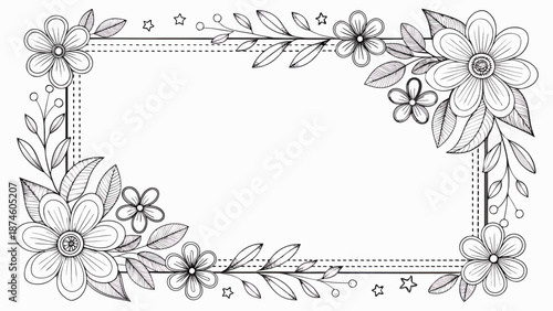 Elegant black and white floral border design featuring detailed line art of blooming flowers leaves and delicate stars perfect for invitations or decorative framing elements