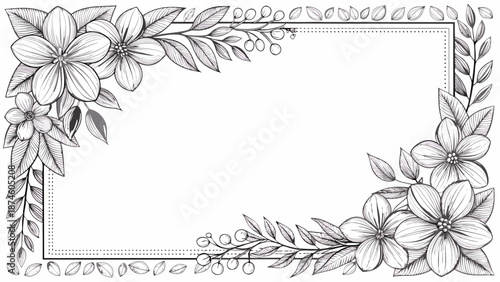 Elegant black and white floral border design featuring detailed hand drawn flowers leaves and delicate berry branches framing a central empty space for text invitations or announcements