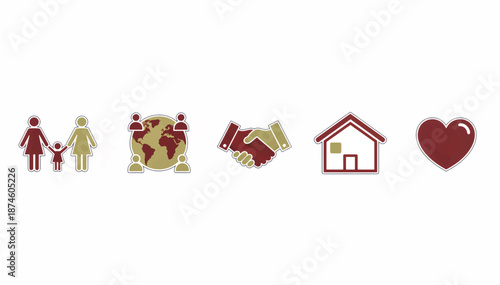 Social welfare and community support icon set. Vector illustration of family, handshake, home and heart symbols
