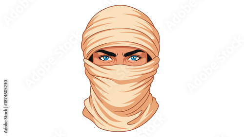 Intense portrait of a person with striking blue eyes peeking from behind a traditional desert head wrap or keffiyeh, conveying mystery and resilience.