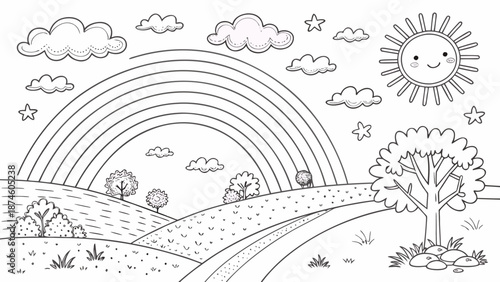 Delightful black and white coloring page featuring a cheerful smiling sun shining brightly above rolling hills with a large rainbow arching over the picturesque landscape below