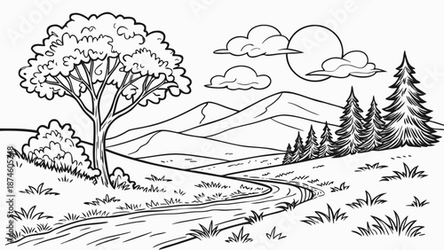 Detailed black and white line art coloring page depicting a majestic mountain landscape at sunrise with tall evergreen trees lining rolling hills and a winding path below the bright sun.