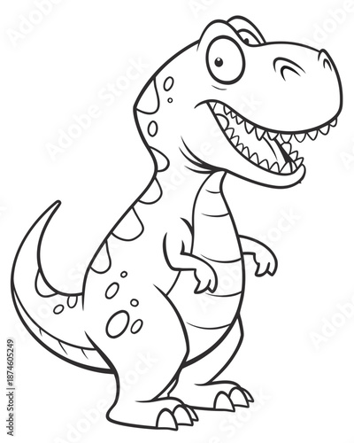 Adorable cartoon tyrannosaurus rex standing proudly showing its big toothy grin in a simple black and white coloring book illustration style for kids