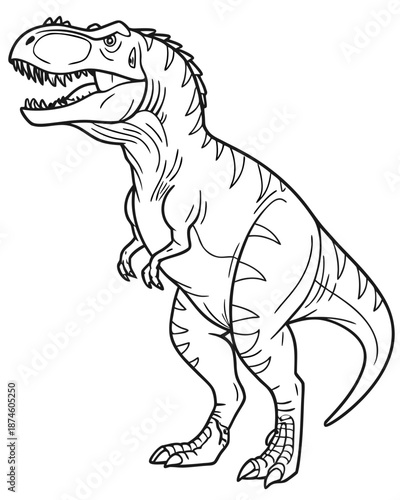 Ferocious cartoon tyrannosaurus rex dinosaur standing profile view line art illustration perfect for children coloring books and prehistoric animal educational materials