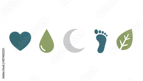Nature and ecology flat icon set. Vector symbols of heart, water drop, moon, footprint, and leaf. Minimalist environmental design elements