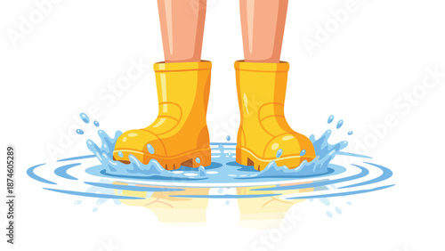 Playful image of legs clad in bright yellow rain boots enthusiastically splashing into a water puddle, sending refreshing splashes everywhere on a fun, rainy day.