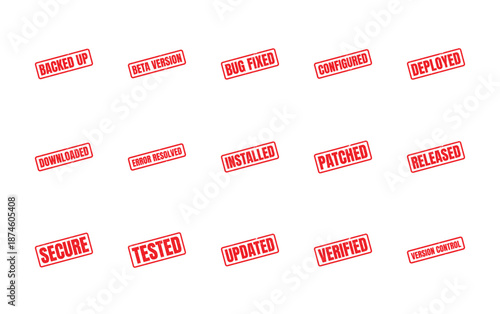 Collection of red rubber stamps indicating software development and IT status updates.