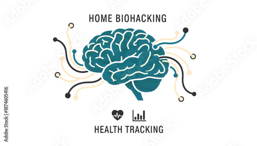 Home biohacking and health tracking concept. Stylized human brain with technology connections and data icons. Flat design vector illustration