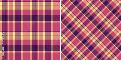 Plaid tartan background of pattern textile texture with a seamless vector check fabric. Set in sunset colors for luxurious velvet fashion trends.