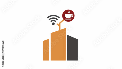 Coworking space and internet cafe concept icon. Modern office building with wifi and coffee symbols. Flat design vector illustration
