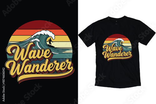 Retro Sunset Surfing T-Shirt Design with Wave Wanderer Typography