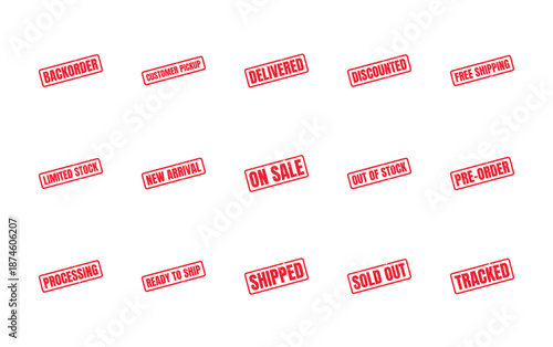 Obraz na plátně Group of red rubber stamps indicating e-commerce order status and shipping information