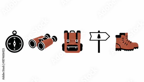 Hiking and camping icon set. Flat design vector illustration of outdoor adventure equipment. Compass, binoculars, backpack, signpost and hiking boot isolated on white background