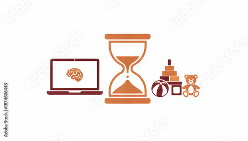 Time management and cognitive development concept. Laptop with brain icon, hourglass and toys. Flat design vector illustration