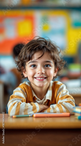 Close-up of cheerful elementary student at desk in a bright, colorful classroom
