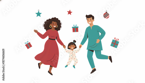 Interracial family celebrating Christmas. Flat design vector illustration of parents and child jumping for joy. Diverse multicultural family with gifts and ornaments. Isolated on white background