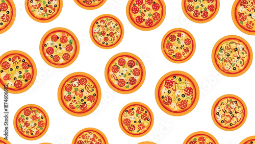 Delicious seamless pattern featuring a variety of round pizzas adorned with diverse toppings like savory pepperoni, fresh olives, and earthy mushrooms, perfect for food-related designs.