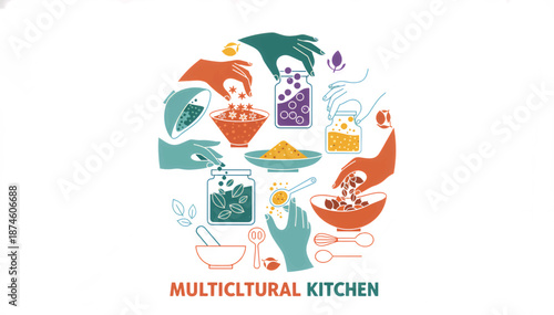 Multicultural kitchen vector illustration. Diverse hands preparing global spices and ingredients. Flat design culinary concept. Stylized graphic for cooking and food diversity