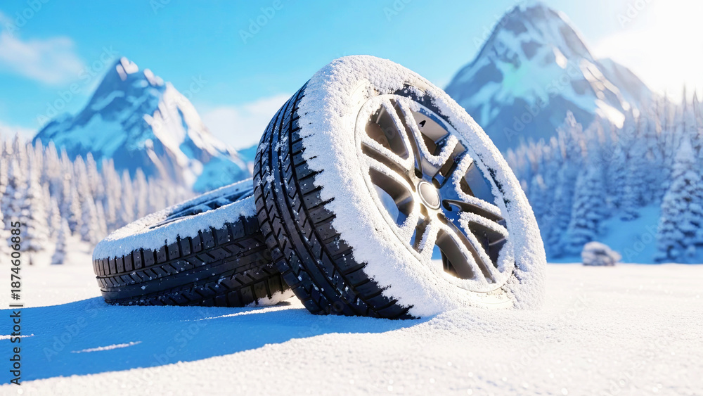 Fototapeta premium Winter tires covered with snow for safe driving in cold weather conditions. Automotive safety concept for challenging winter roads.