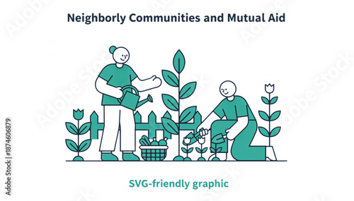 Community gardening and mutual aid concept. Flat line art vector illustration of neighbors planting and watering. Minimalist graphic for social cooperation and sustainability