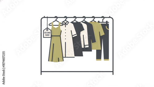 Second hand clothing rack with hangers. Sustainable fashion and thrift store concept. Minimalist flat design vector illustration isolated on white background