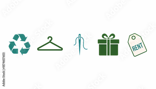 Sustainable fashion and circular economy icon set. Flat design vector illustration of recycling, repair, rental, and donation symbols. Isolated on white background