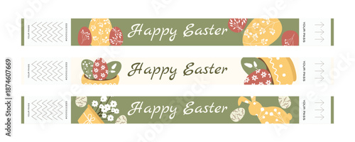 Easter wristband ticket set with bunny, decorated eggs and floral wreaths in Scandinavian style