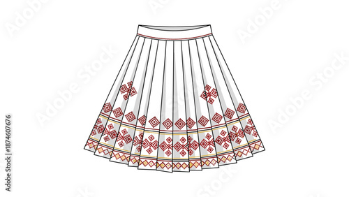Elegant white pleated skirt exquisitely decorated with intricate red and golden geometric embroidery along its bottom hem, reflecting a blend of tradition and style.