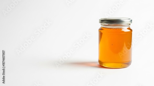 Glass jar of golden honey on a plain white background. Natural sweetener, healthy food ingredient, and organic product concept.