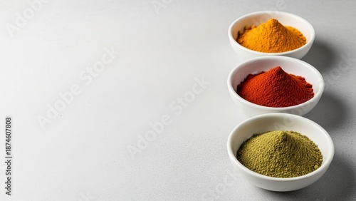 Three small bowls of colorful ground spice on white surface with space for text. Food seasoning ingredient concept. Asian cooking.