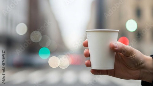 Man holding a white paper coffee cup with blurred urban background. Takeaway drink for daily commute and on the go lifestyle. Warm beverage branding.