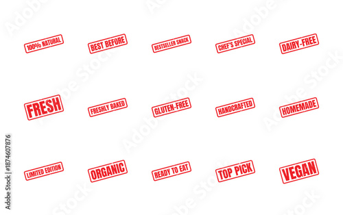 Collection of red rubber stamps for food product labels: fresh, organic, vegan, gluten-free