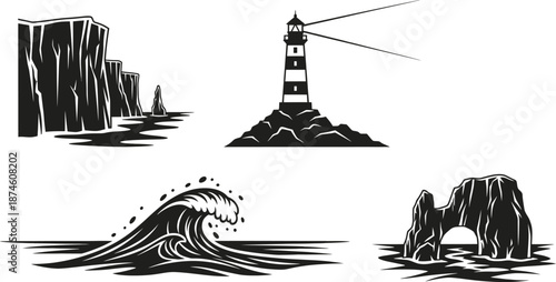 Black and white illustration of a lighthouse and sea elements