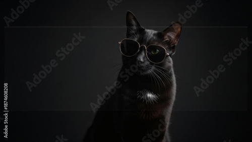 Black cat wearing sunglasses on dark background.