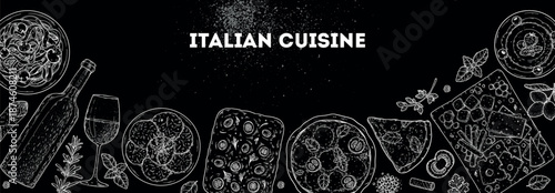 Italian cuisine top view frame. Italian food. Vector drawing illustration. Set of sketches of Italian dishes. Food menu design template. Not AI generated.