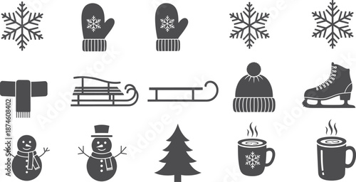 Winter icons and symbols in black and white