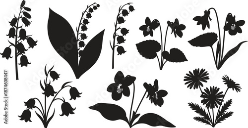 Collection of various wildflowers and plants in black silhouette on white background