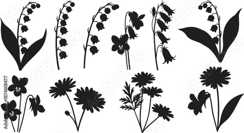 Collection of various flower silhouettes on white background