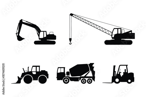 Silhouette set of heavy construction machinery and vehicles