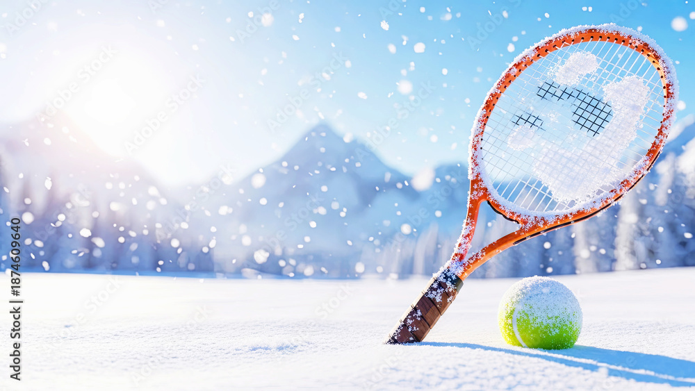 Fototapeta premium Orange tennis racket a tennis ball covered with snow. Scenic winter landscape for sport advertisement, promotion poster. Advertising concept.