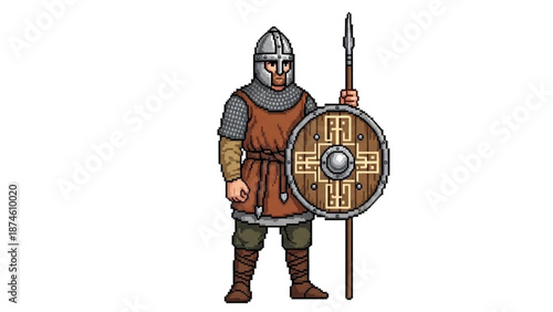 A medieval warrior stands ready for battle with a shield and spear in a vector graphic illustration