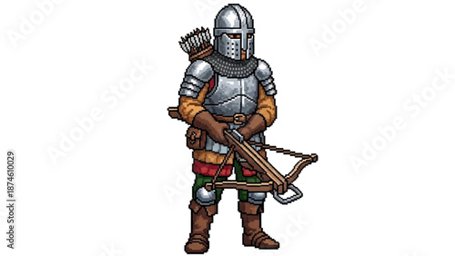 A medieval archer in full armor holding a crossbow and arrows on a white background